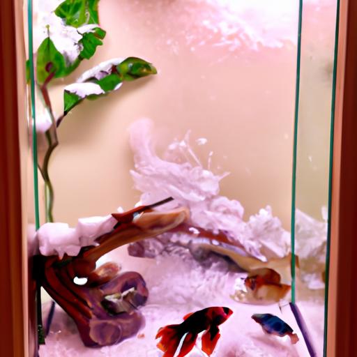 Bể cá ấm cúng với cá bảy màu đang bơi trong môi trường mang đậm không khí mùa đông.